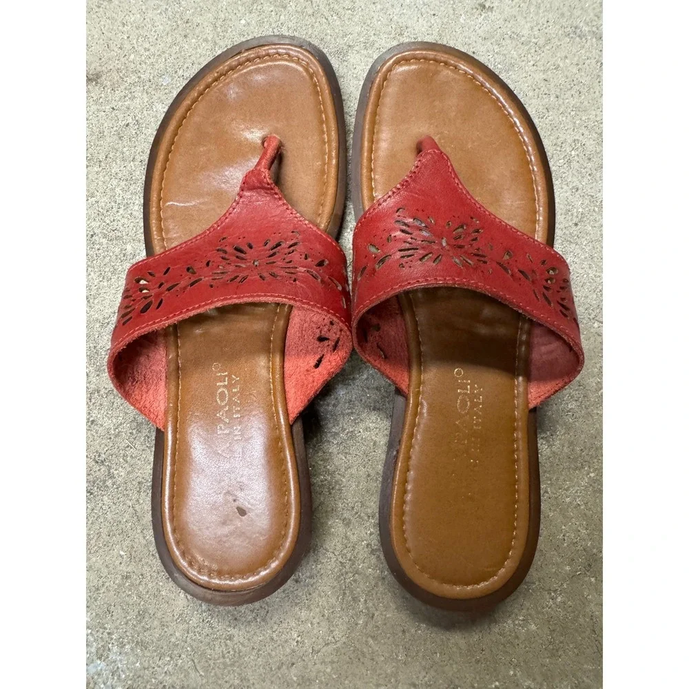 Mila Paoli Italy Red Leather Laser Cut Floral‎ Thong Slide Sandals Women 6.5-7